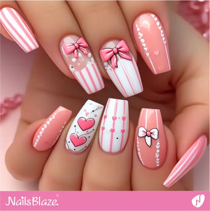 Cute Pink and Peach Fuzz hearts and Bows Nail Art | Color of the Year 2024 - NB1937